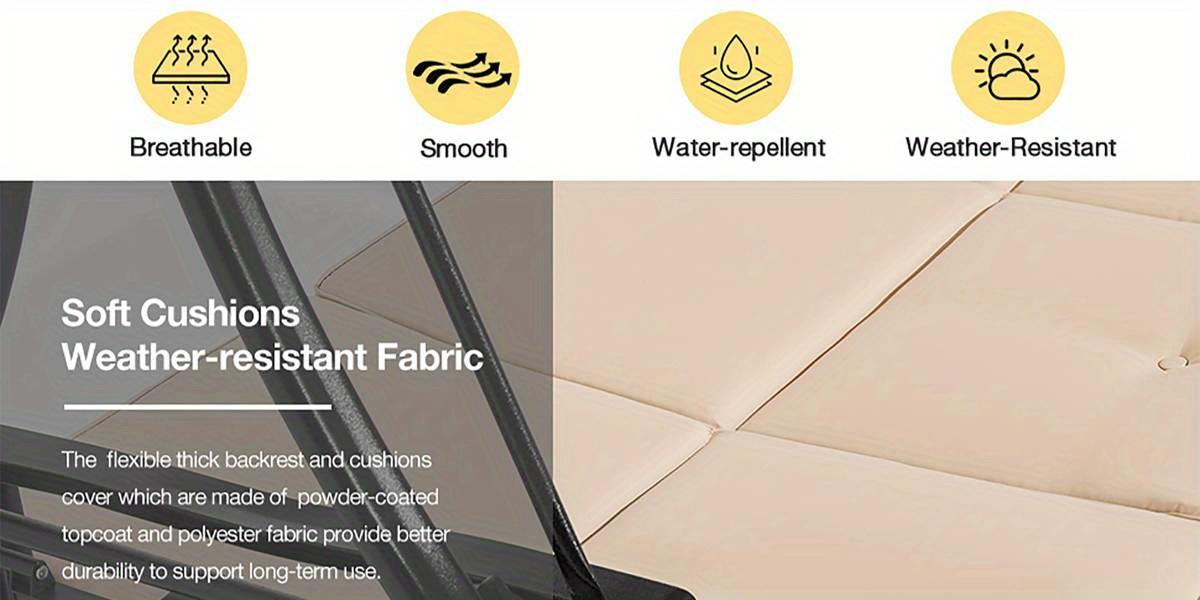 3-Seat Outdoor Swing Chair with Adjustable Backrest, Converts to Lounger Bed, Patio Swing Glider with Removable Cushion & Canopy for Deck, Garden, Backyard, Khaki/Red/Blue/Brown/Gray