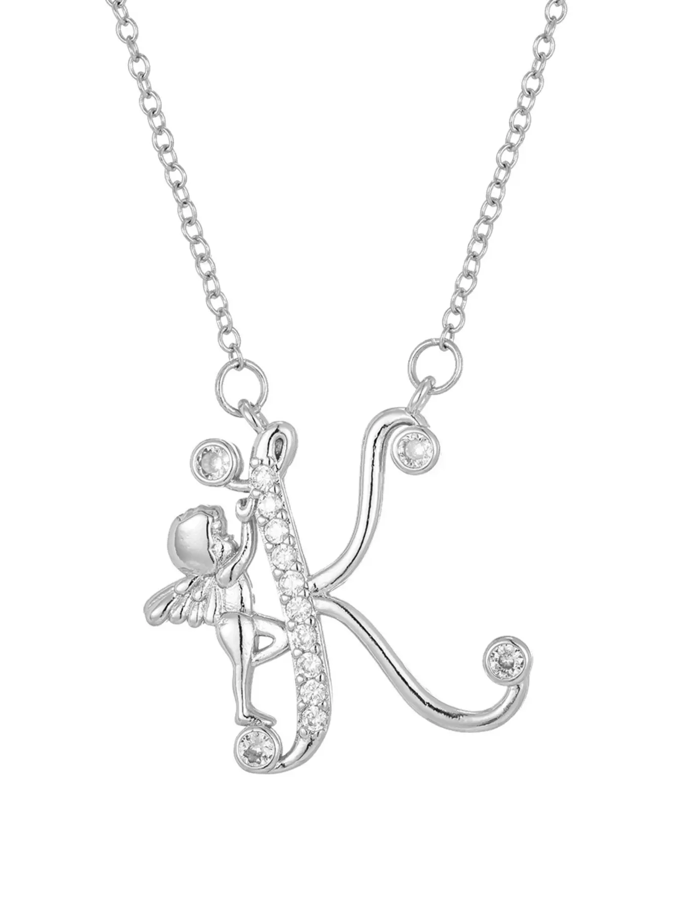 Personalized Silver Letter Necklace, Angel Initial Pendant with Cubic Zirconia Accents, A-Z Alphabet Charm Necklace for Women, Dainty Fairy Jewelry, Fashion Daily Wear Accessory, Meaningful Gift for Her