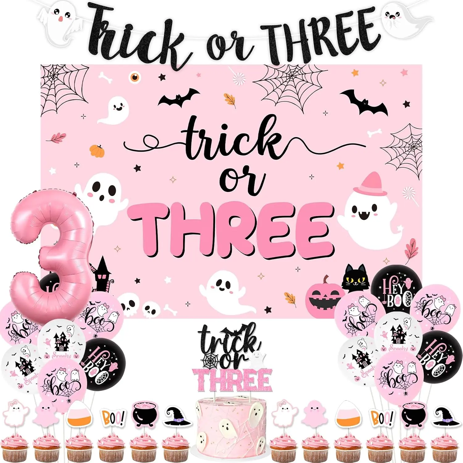 Halloween 3rd Birthday Decorations for Girls, Trick Or Three Backdrop Glitter Paper Banner Cake Topper,  Black  Balloons Halloween Third Birthday Party Supplies