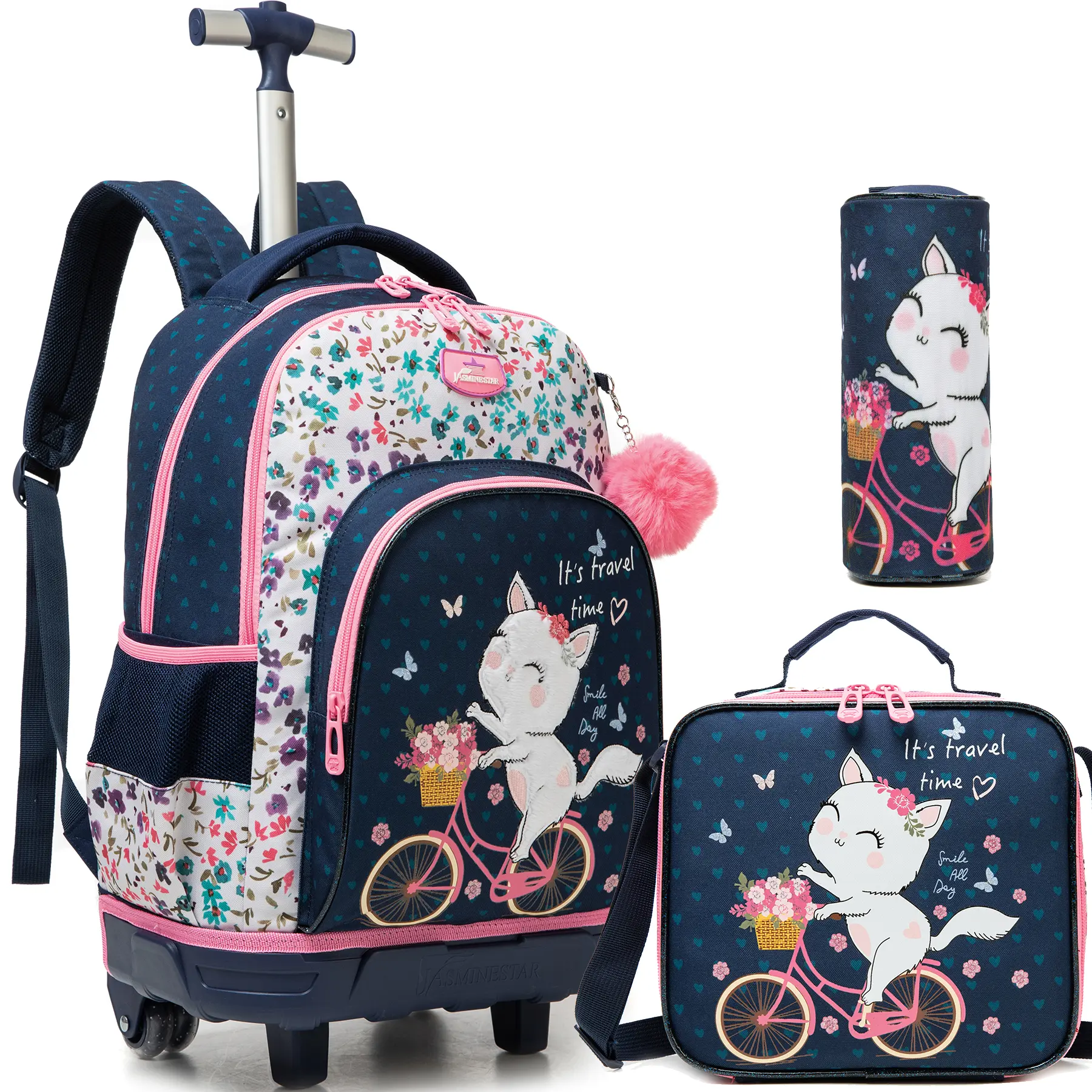 Cute Kitten Bicycle Rolling Backpack 3pcs Set for Girls | Navy Pink Floral Wheeled School Bag with Lunch Box & Pencil Case | Sweet Kitty Travel Trolley Bookbag 2026