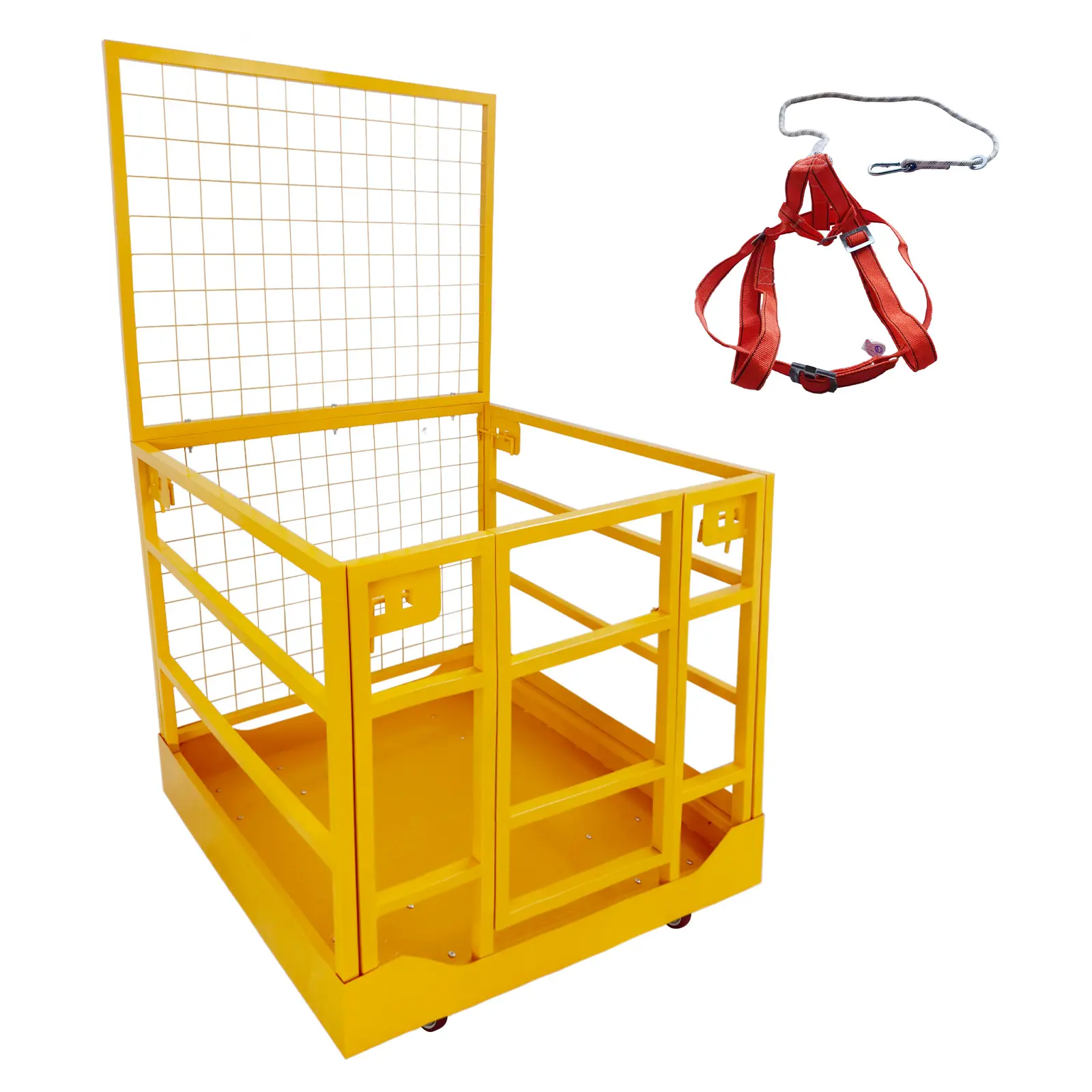 Heavy Duty Forklift Safety Cage With wheels 43"x45" - 1400 lbs Collapsible Steel Work Platform with Safety Harness & Lock - Man Basket Attachment for Personnel Lifting, Painting, Roof Repair, Warehouse Use