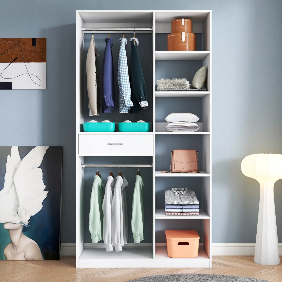 40 Inches (4ft) Durable Freestanding Closet Organizer System, 6 Open Shelves, 2 Hanging Rods, 1 Drawer, 15mm Melamine Particle Board, 3mm MDF Backboard, Multi-Purpose Bedroom Wardrobe Storage Cabinet
