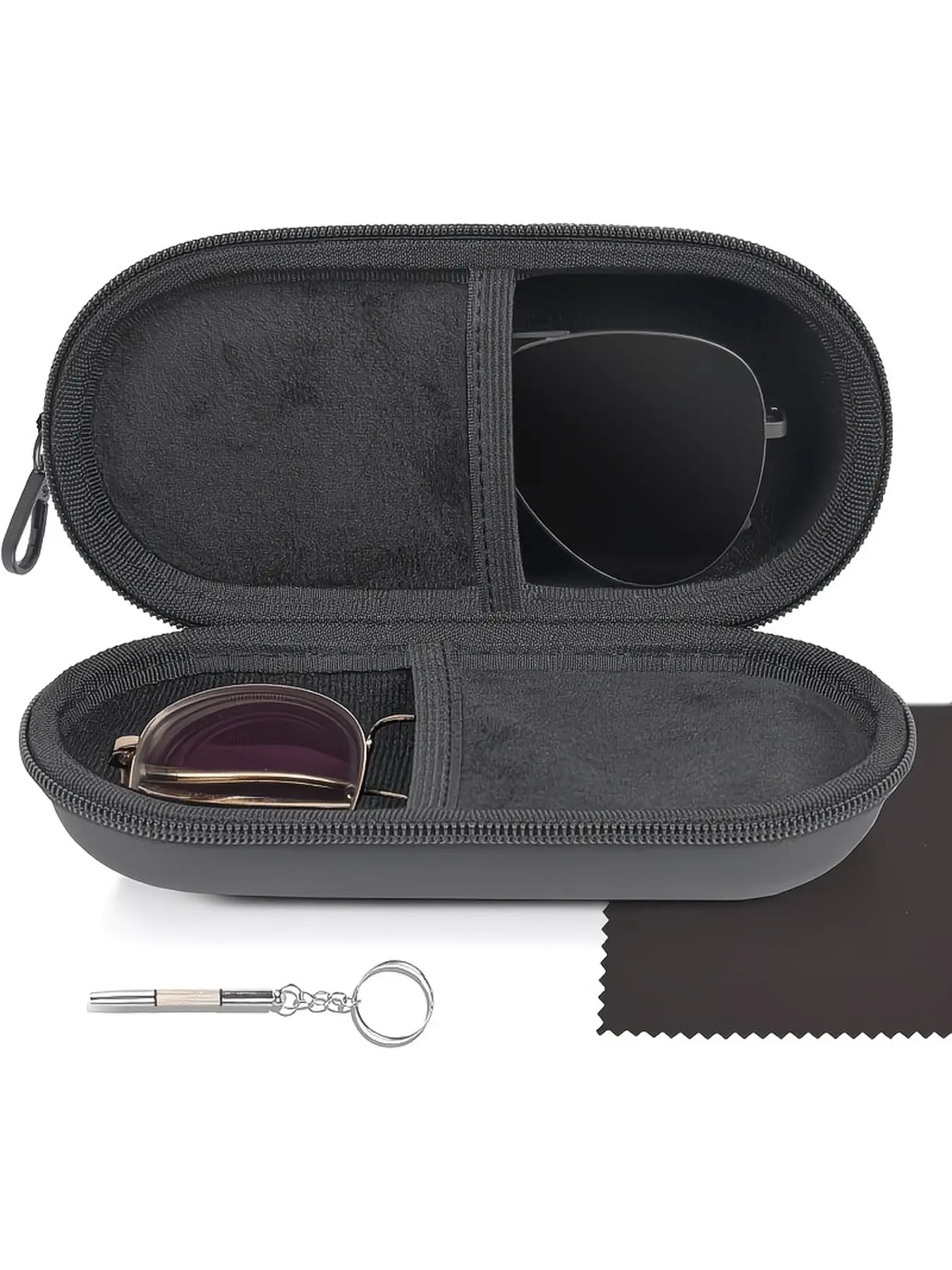 Dual Compartment Glasses Case, Holds 2 Pairs of Glasses, Zipper Hard Glasses Holder with Carabiner Clip, Shockproof Portable Sunglasses & Eyeglasses Storage Case