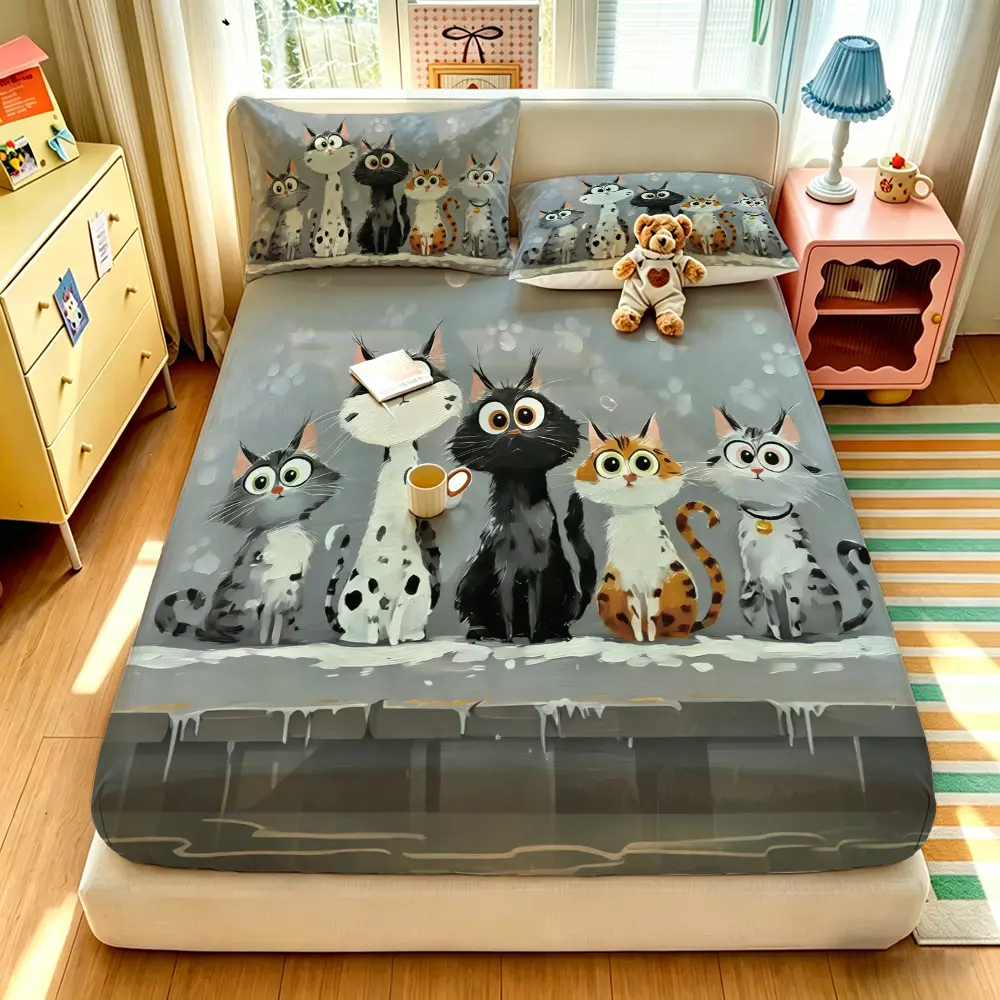(1 fitted sheet + 2 pillowcases, no filler),Watercolor cat print,Machine washable fitted sheet bedding set crafted from safe soft fabric, ideal gift for friends, essential daily bedding for bedroom & dorm, Cute Bedding