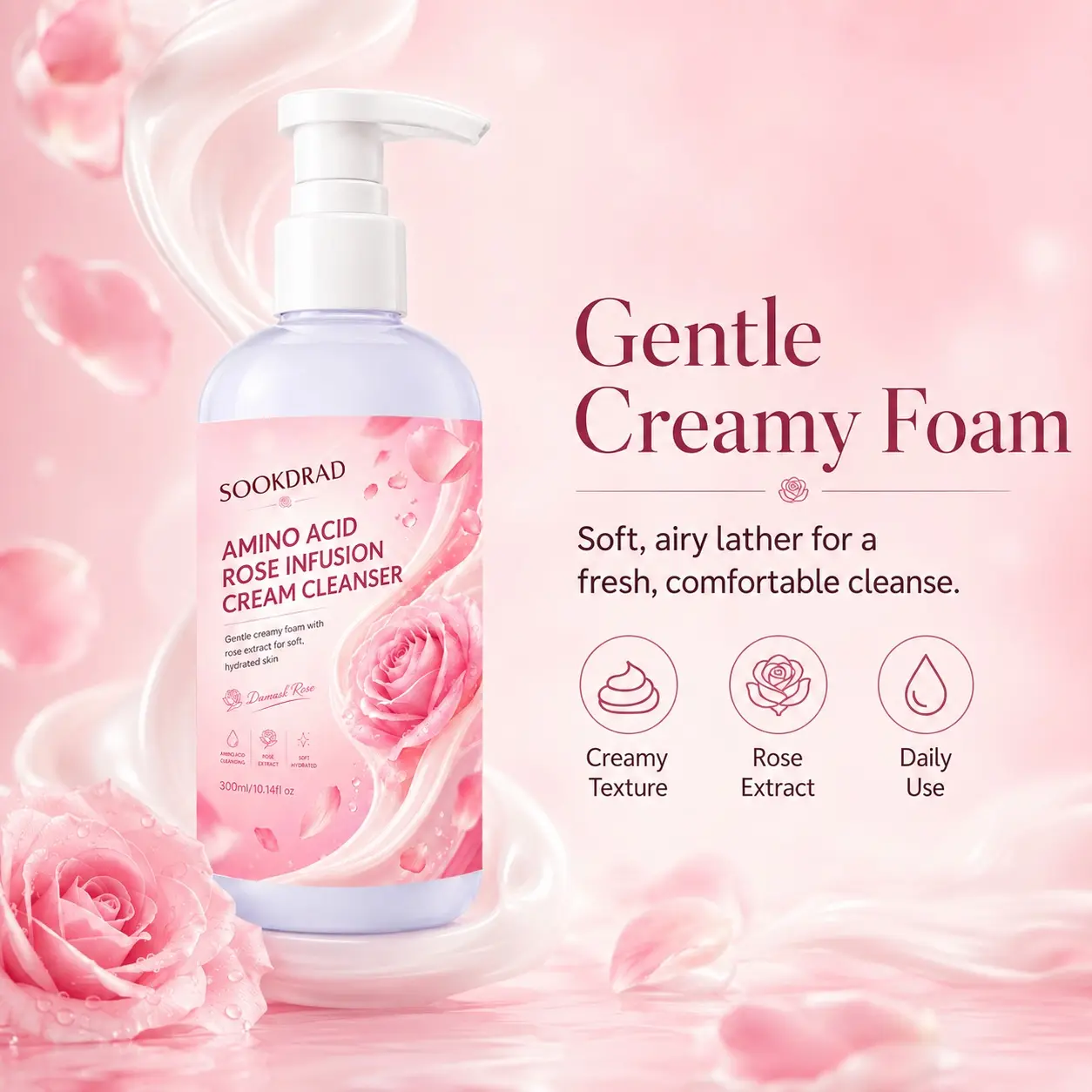 Amino Acid Rose Infusion Cream Cleanser, gentle creamy foam, rose extract, soft hydrated skin, Damask Rose, facial cleanser, 300ml/10.14fl oz