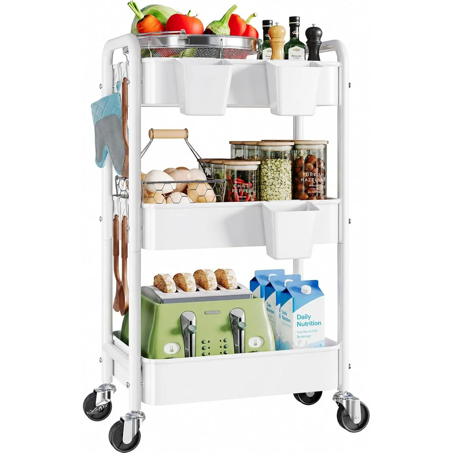 3 Tier Heavy Duty Rolling Cart Metal with Wheels, White Three Tiered roller Shelf Carts  Wheels, Utility Storage Shelves Organizer for Kitchen, Bedside, Laundry, Snack, Craft, Art, Pantry,