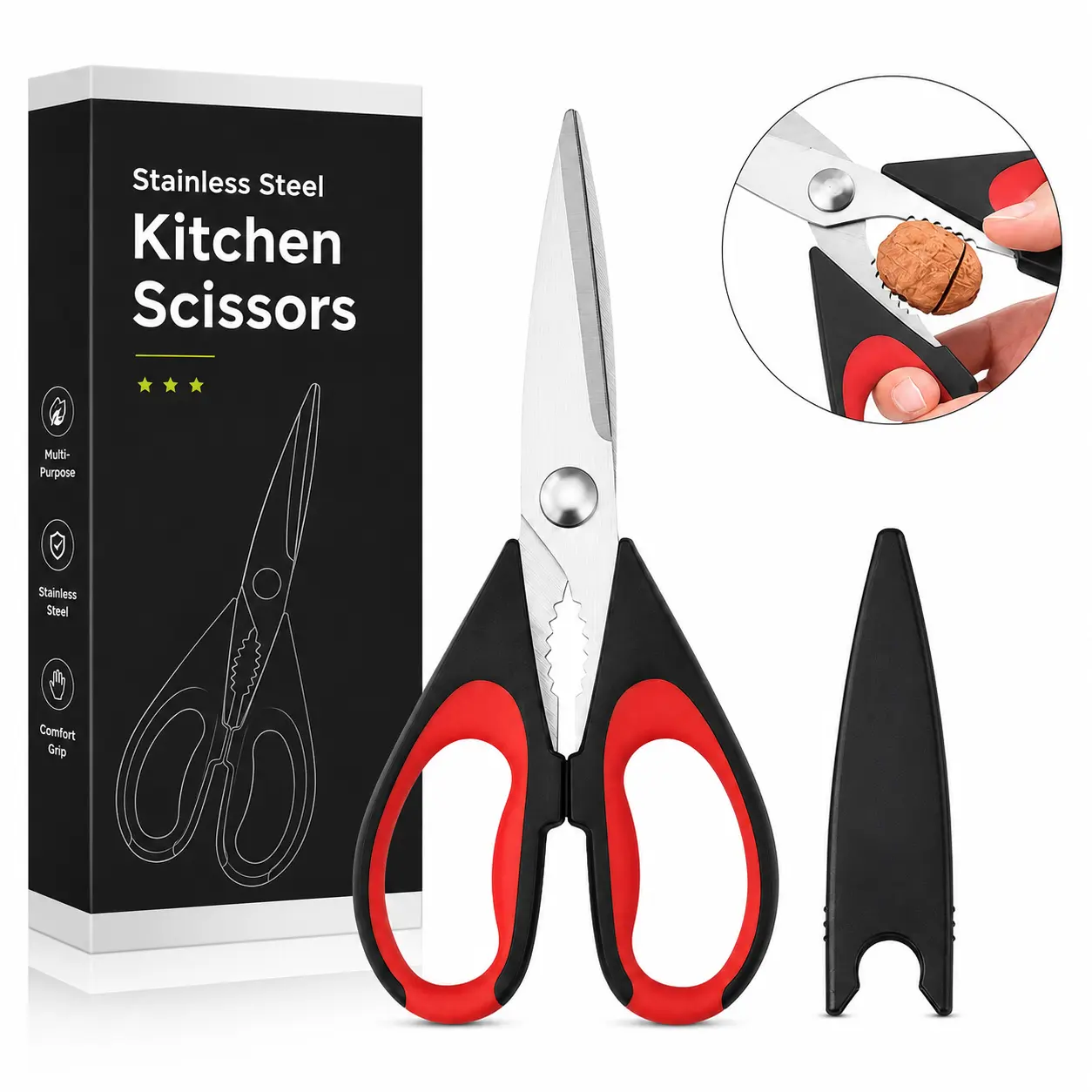 Heavy Duty Stainless Steel Kitchen Scissors with Protective Sheath, Dishwasher Safe Cutter for Poultry Meat Cutting