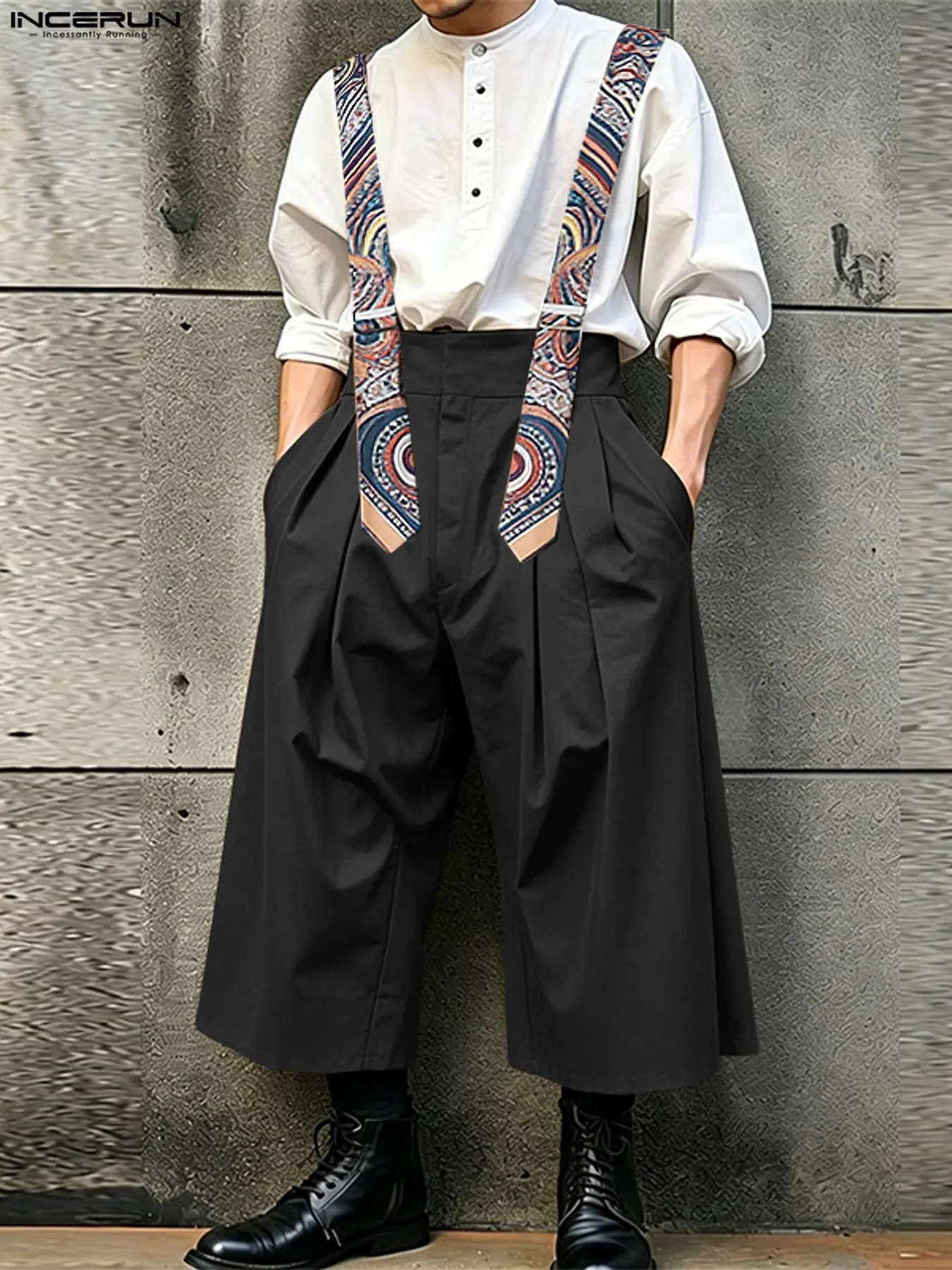 INCERUN Men's Ethnic Print Shoulder Strap Wide Leg Overalls, Stylish and Comfortable Design, Perfect for Casual Wear, Unique Fashion Statement