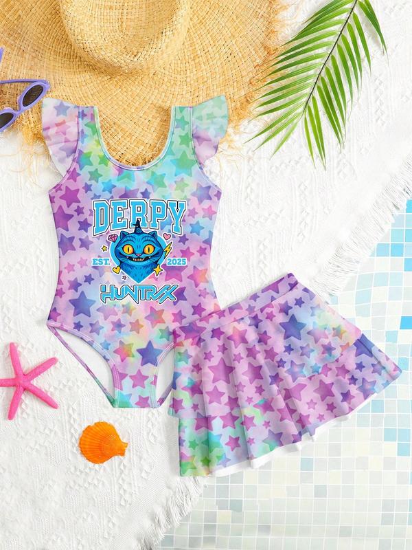 K-Pop Hunter Swimwear, Kpop Demon Hunters Beach Sweetheart Exclusive Swimsuit, Starry Gradient & Girl Group Print, Fashionable Halter Two-Piece Bikini