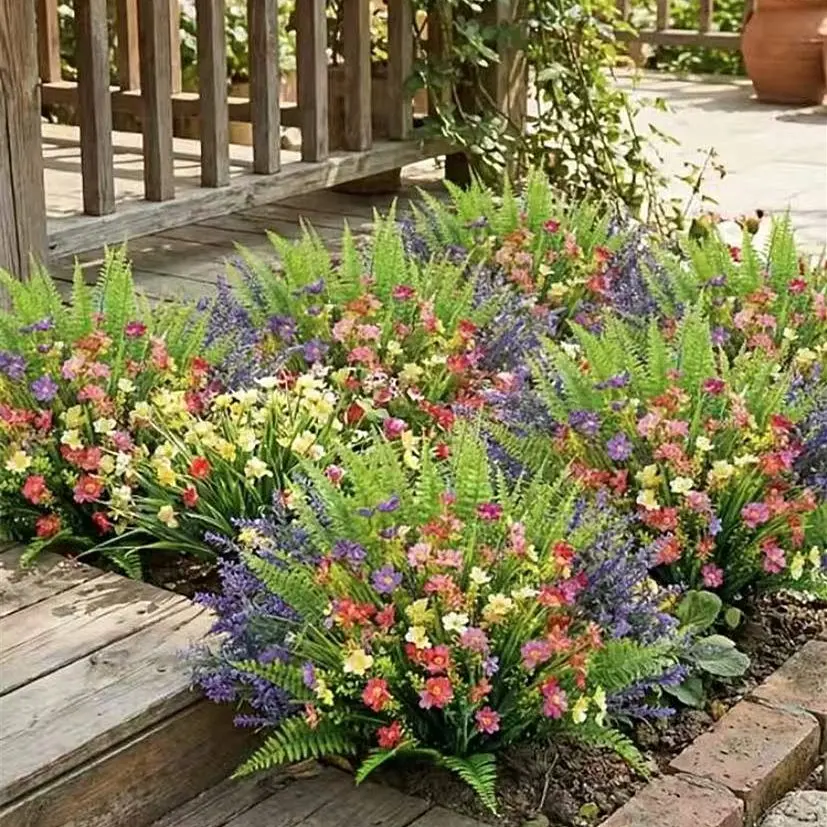 10pcs Artificial Lavender and Boston Fern with Wildflowers, UV Resistant Faux Plants for Summer, Ideal for Hanging Baskets and Porch Decor