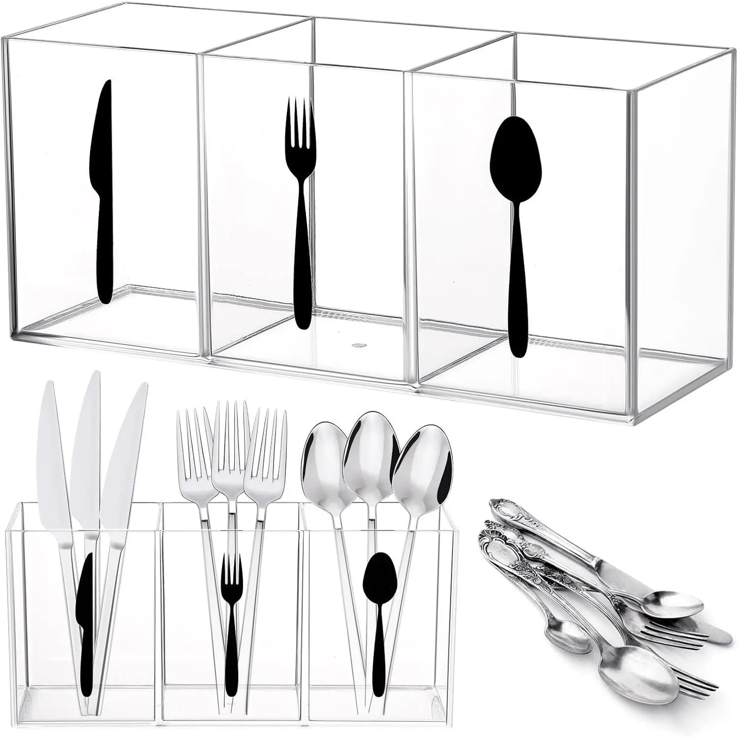 Acrylic Cutlery Storage Organizer Bin Silverware Caddy Countertop Knife Spoon and Fork Holder Kitchen 3 Section Tableware Storage Box for Cabinet Indoor Home Flatware Dining Room (Clear,L)