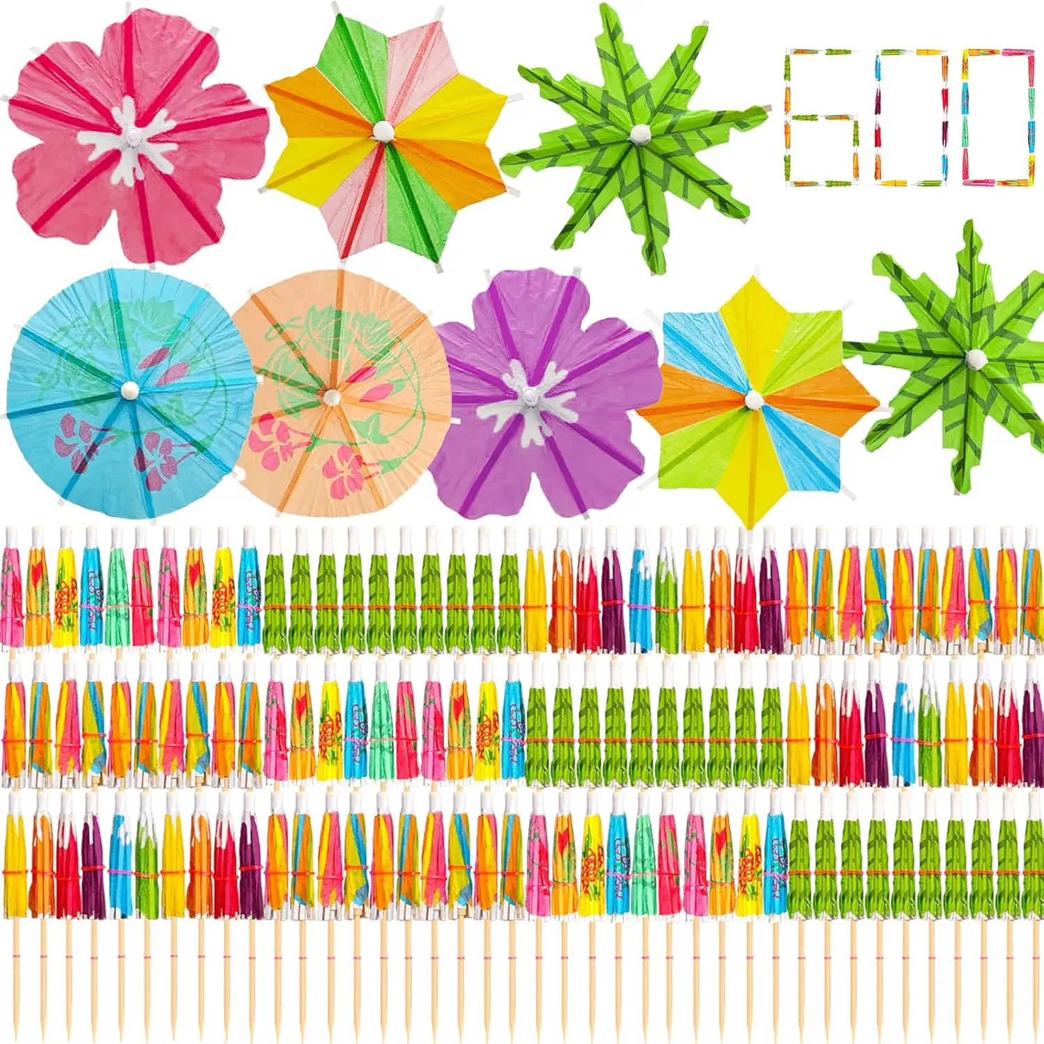 600 Pack Drink Umbrellas Cocktail Picks, Assorted Mini Paper Umbrella for Drinks, Food Picks Drink Toppers for Tropical Hawaiian Luau Party Decorations Cocktail Accessories, 4 Styles