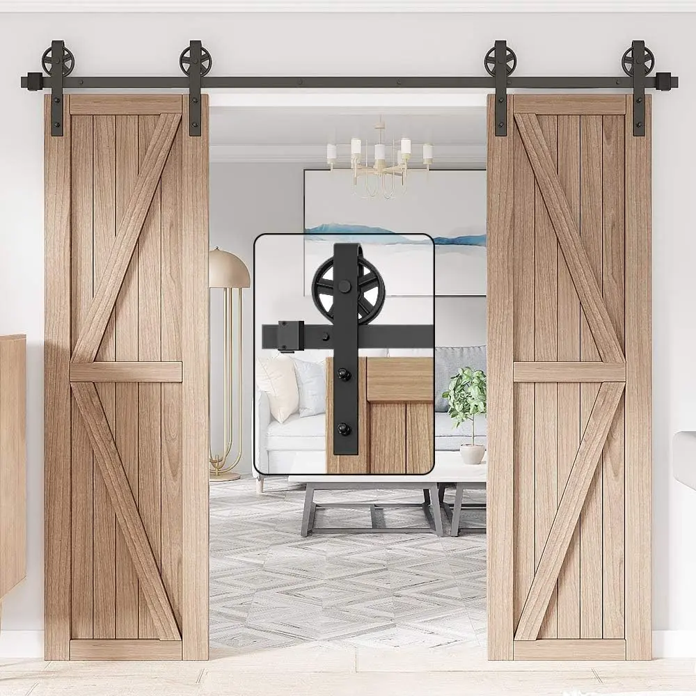 8FT Double Doors Barn Door Hardware Kit, Black Big Spoke Roller | Antique, Silent Glide, Easy to Install, Includes Tracks, Big Wheel Hangers, Floor Guide and Other Necessary Hardware, DIY