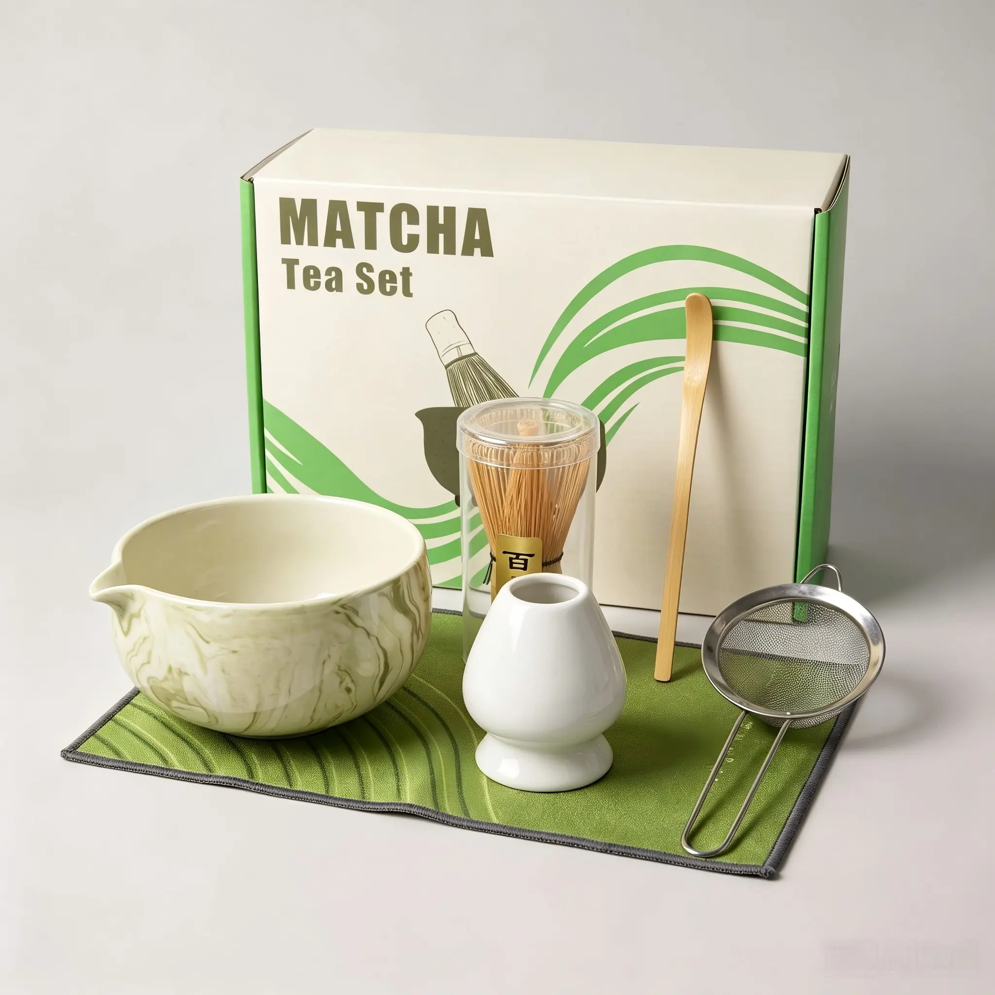 5-piece matcha tea set, matcha starter set, matcha bowl, hand-painted cherry blossom, bamboo tea whisk, ceramic matcha bowl, Japanese matcha, matcha ceremony set, matcha making set, matcha journey, ideal gift for friends