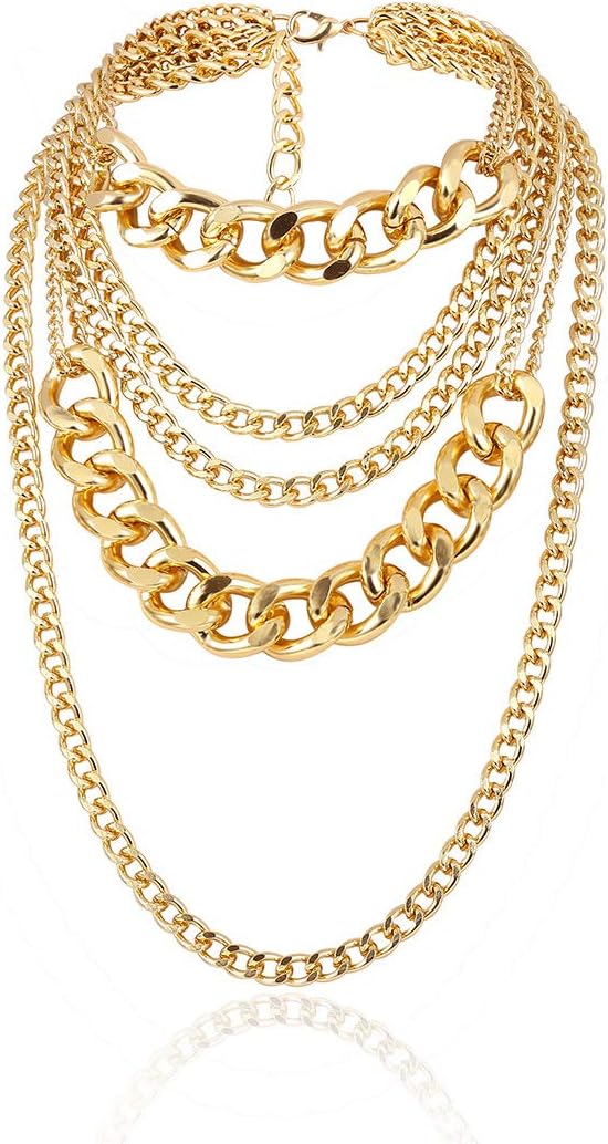 Chunky Gold Necklaces for Women,Multilayer Punk 80s Hip Hop Necklace,Layered Cuban Link Chain Statement Necklace 90s Freaknik Outfit Accessories for Women