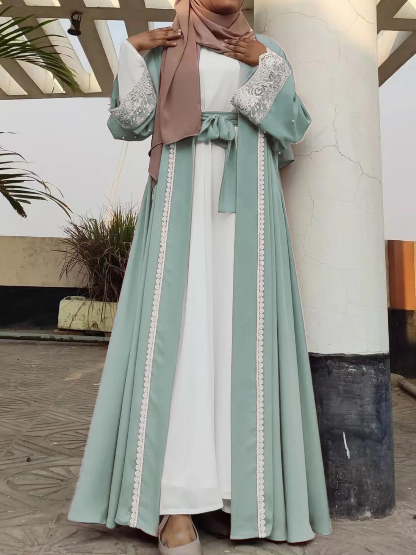 Women's Contrast Lace Belted, Elegant Long Sleeve Open Front Abaya Modesty Abaya for Party Holiday Vacation, Ladies Islamic Clothing for All Seasons
