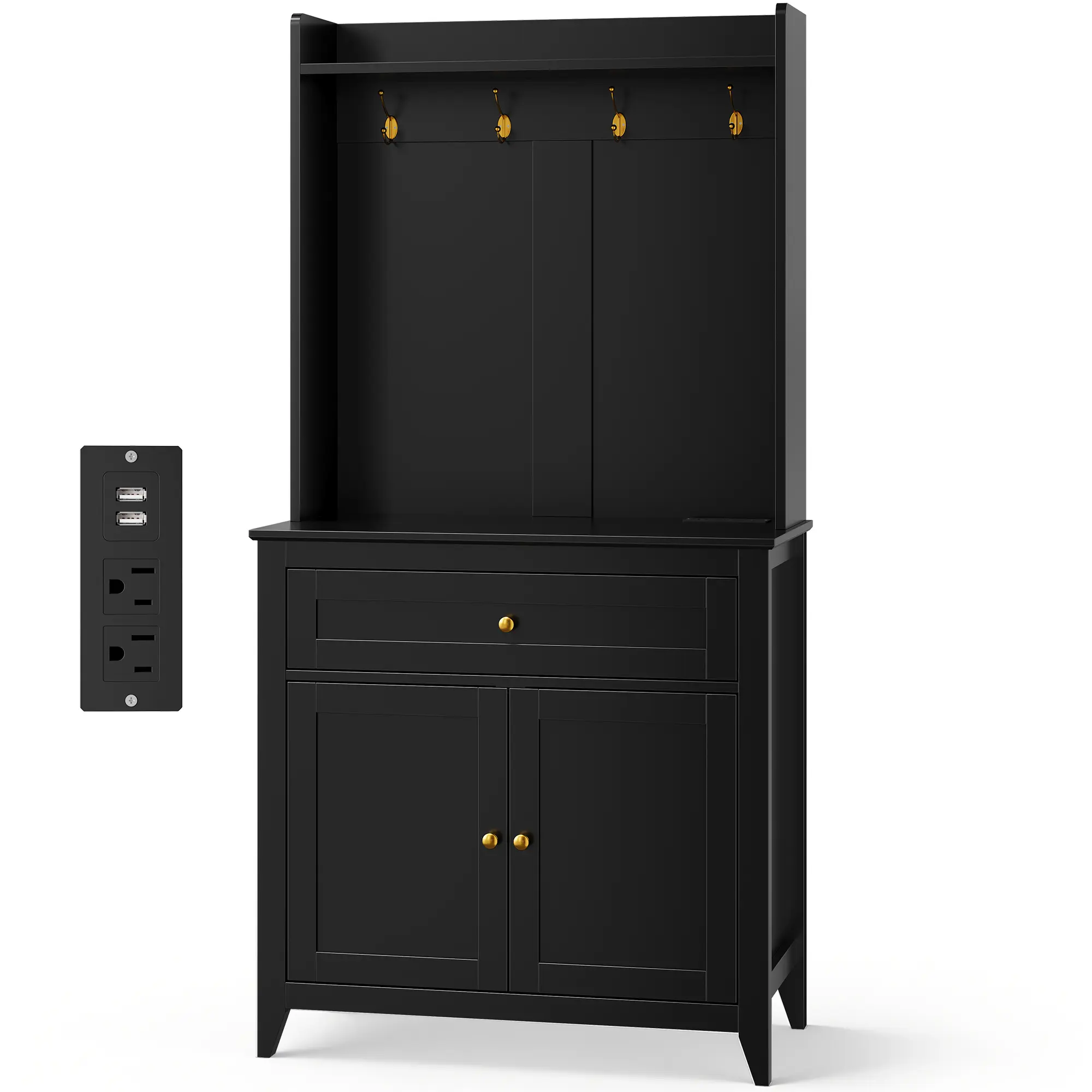 63" Kitchen Pantry Cabinet with Power Outlet, Large Coffee Bar Table with Drawer & 4 Hooks, Black Storage Cabinet for Microwave & Kitchen