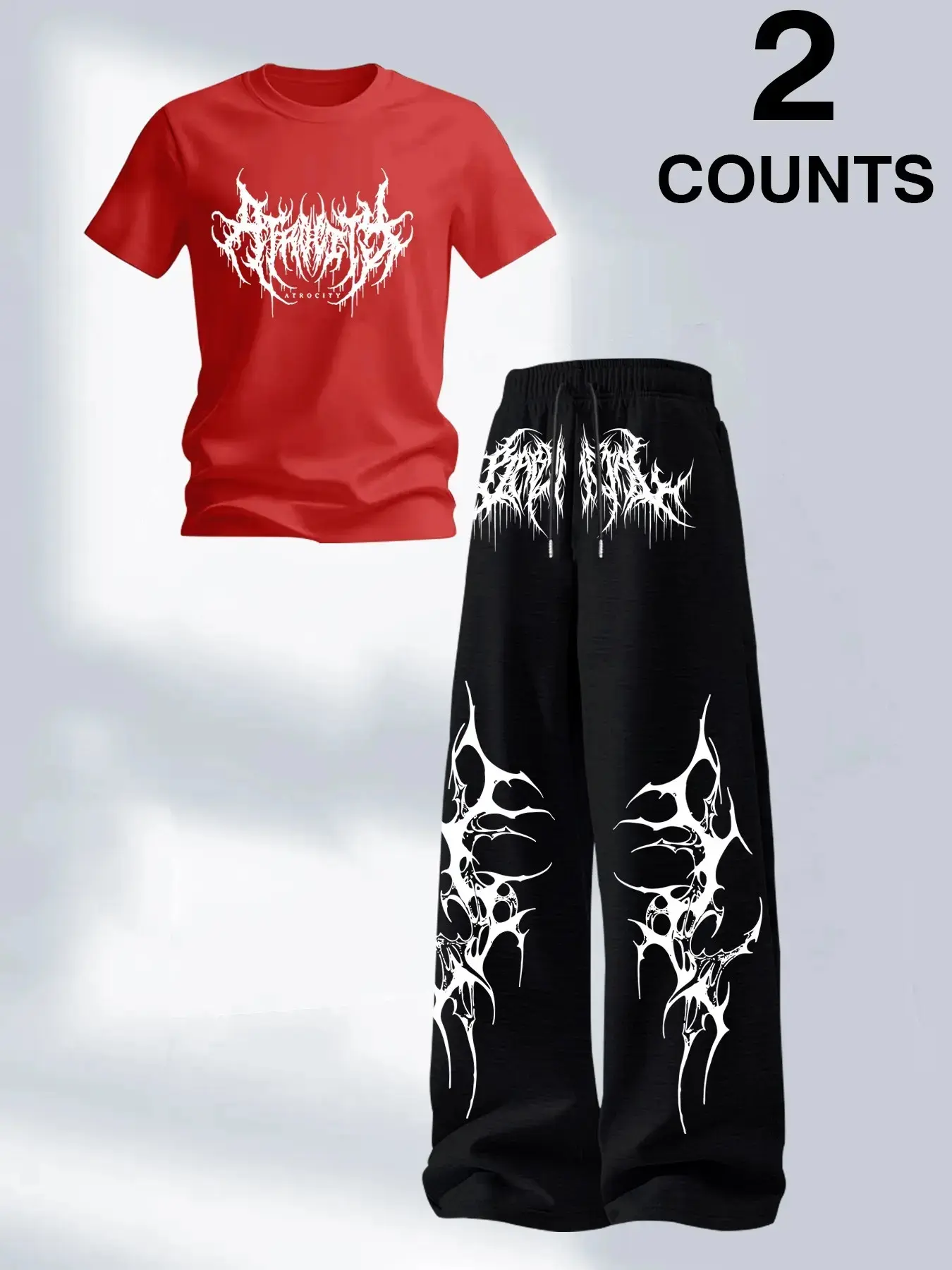 Men's Two-Piece Fashion Casual Set, Gothic Round Neck T-Shirt and Drawstring Wide Leg Pants, Dark Style, Cool Look