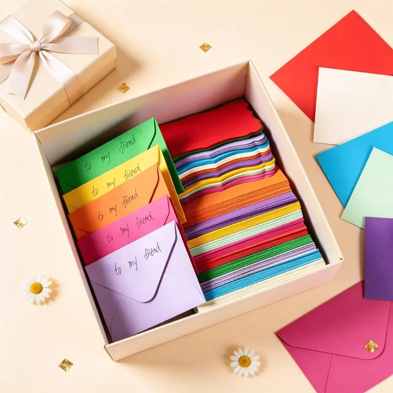 66pcs Mini Envelope & Greeting Card Set, includes 33 colorful western-style envelopes and 33 blank wavy-edge greeting cards with self-adhesive sealing design, assorted colors for personalized writing, ideal for holiday wishes, birthday cards, invitations