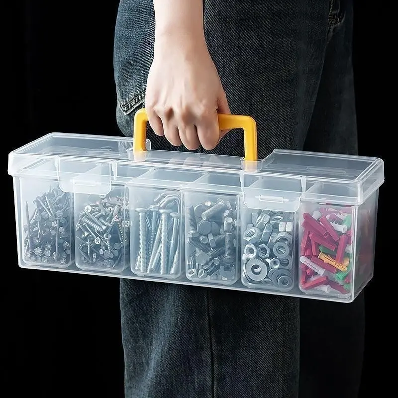 Portable Transparent 6-Compartment Detachable Hardware Storage Box, Thick Plastic Small Parts Organizer, Ideal for Woodworking, DIY, Home Repair