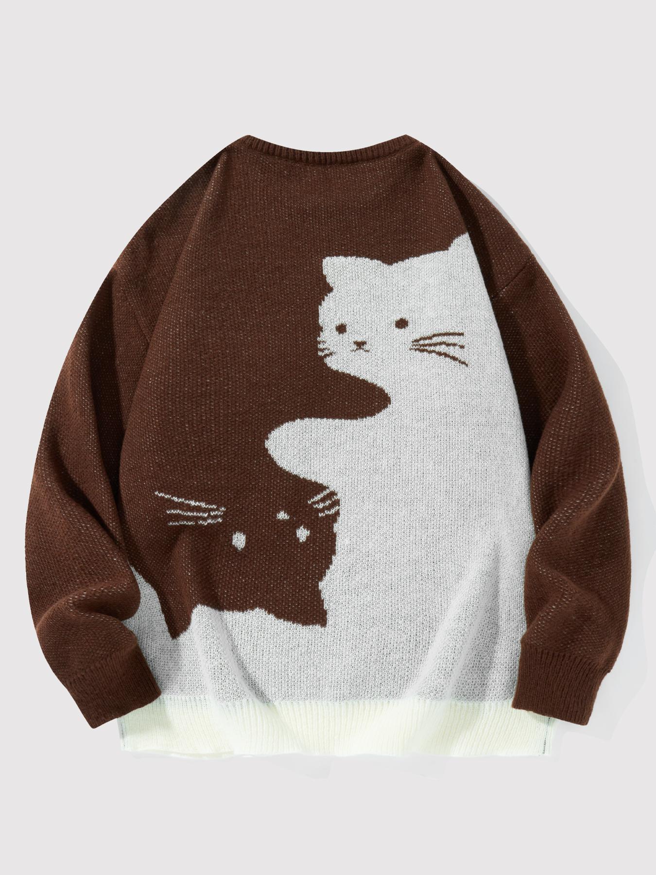 Men's Cute Baggy Cat Print Knit Pullover - College-Style Round Neck Long Sleeve Polyester Sweater for Autumn Winter Casual Wear, Boyfriend Birthday Gift, Oversized Loose Mens Top to Match Jeans