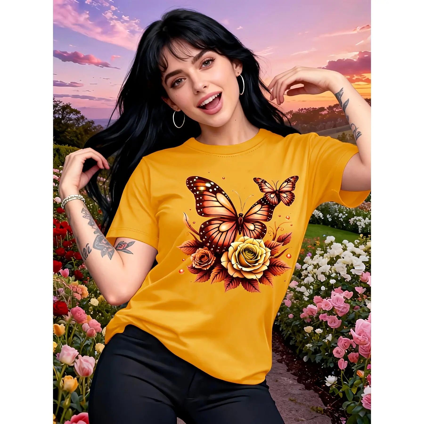Women's Cotton Shortsleeve T-Shirt - Round Neck Blouse with Butterfly & Flower Print, Soft Lightweight Medium-Stretch Fabric, Casual Indoor/Outdoor Wear, Elegant Birthday Gift Top