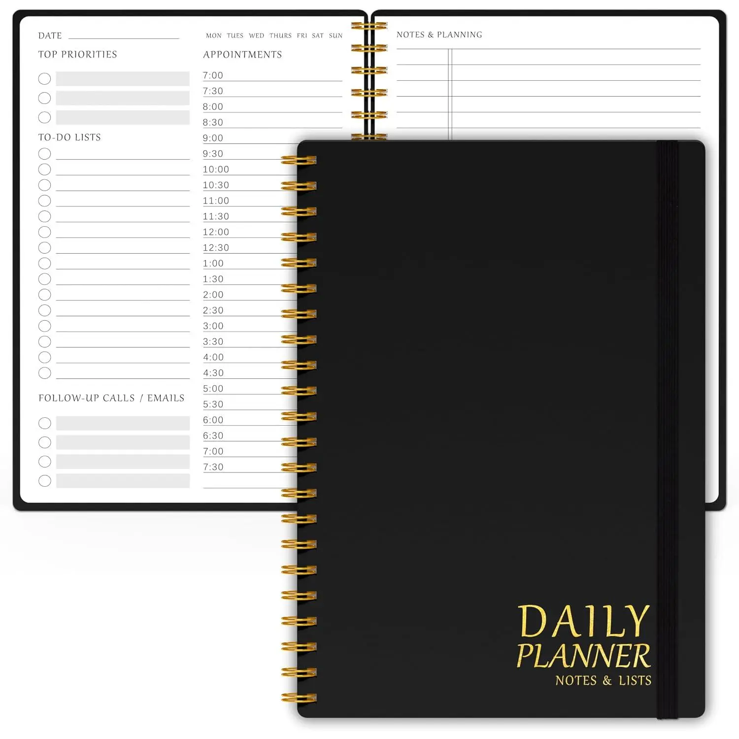 Daily Planner with Hourly Schedules - Undated  Notebook for Work and Study, Spiral Bound, 5.5" x 8.5", Easily Manage Tasks and Appointments - Black