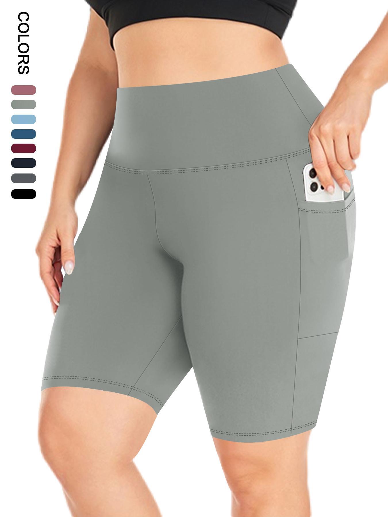 Plus Size Plain High Waist Convenient Pockets Design Skinny Shorts, Activewear Shorts, Casual Comfy Breathable High Stretch Seamless Shorts for Daily Outdoor Sport, Women's Bottoms for Summer