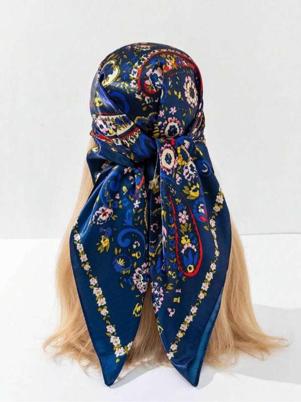 90*90 cm Floral Paisley Silk Scarf, Vintage Plain Design for Women, All-Season Fashion Shawl and Headband