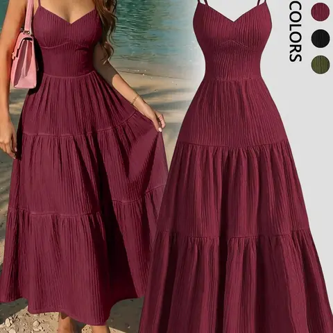 Elegant Feminine Plain Long Flowy Maxi Summer Dress with Thin Straps and Layered Ruffle Waist Fitted Women's Clothing, Lightweight and Comfortable Dress, Casual Wear, Maxi Dresses