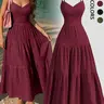 Elegant Feminine Plain Long Flowy Maxi Summer Dress with Thin Straps and Layered Ruffle Waist Fitted Women's Clothing, Lightweight and Comfortable Dress, Casual Wear, Maxi Dresses
