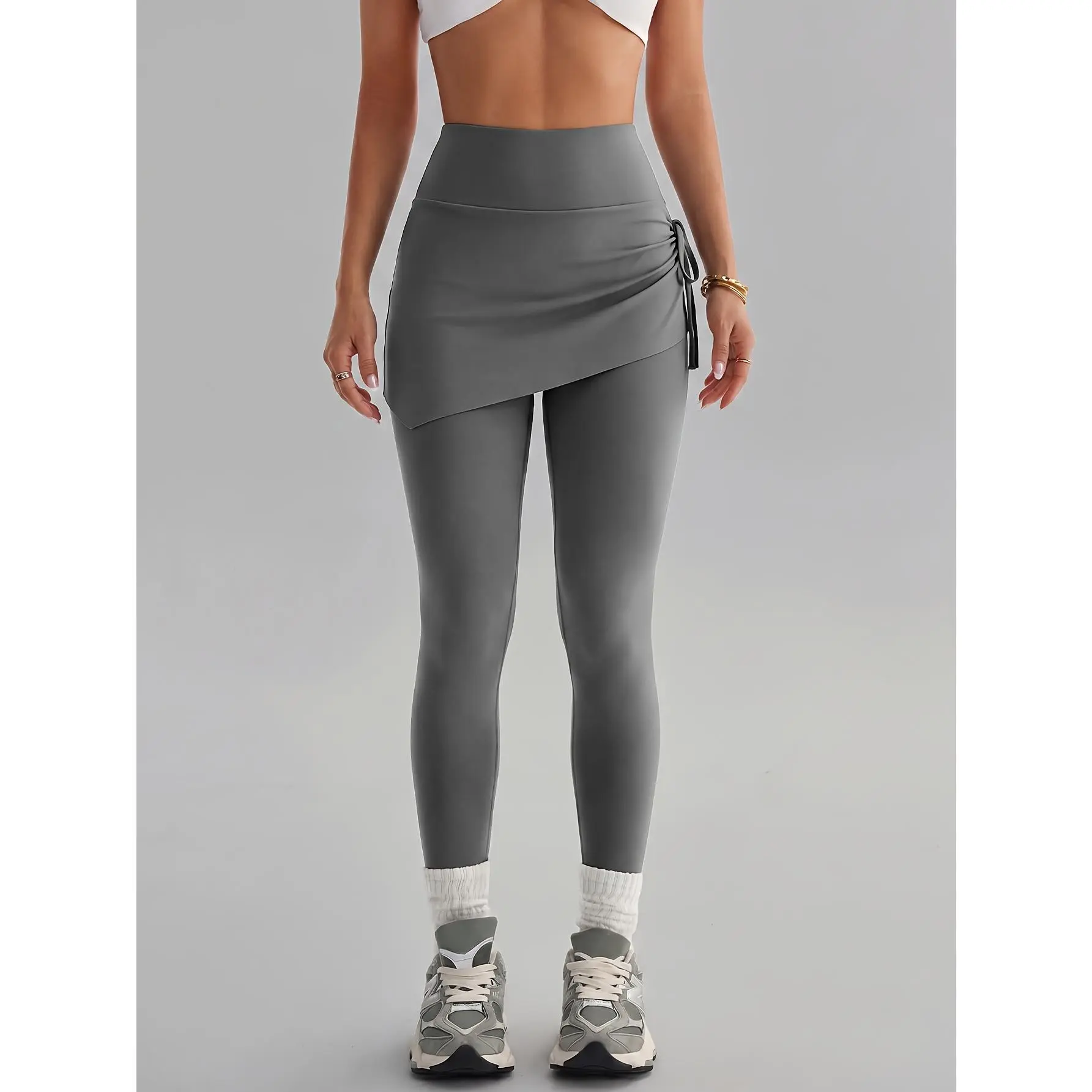 Women's Faux 2-Piece High-Waist Pleated Polyester Blend Full Length Pants - Easter New Style Breathable Outdoor Sports Trousers, Suitable for Cycling, Fitness