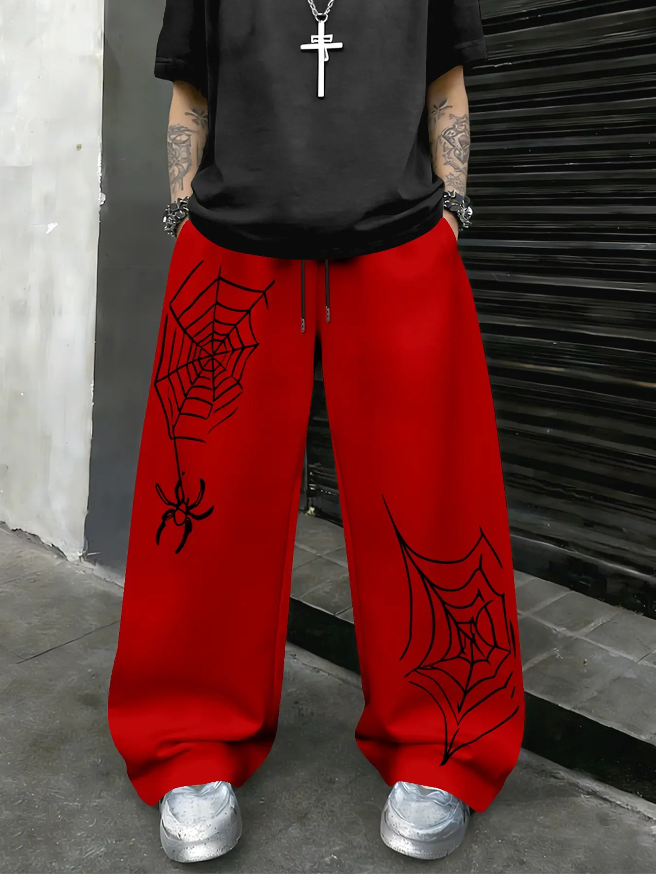 Men's Spider Web Print Wide Leg Long Pants, Sporty Loose-Fit Casual Trousers, Drawstring H-Type Streetwear for All Seasons