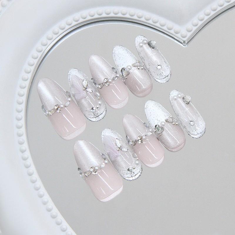 3D Cat Eye Butterfly Acrylic Nails with Diamond Sparkle, French Style White French Tip Almond Shaped Beauty, 30 Pcs Easy to Remove for DIY Nail Art