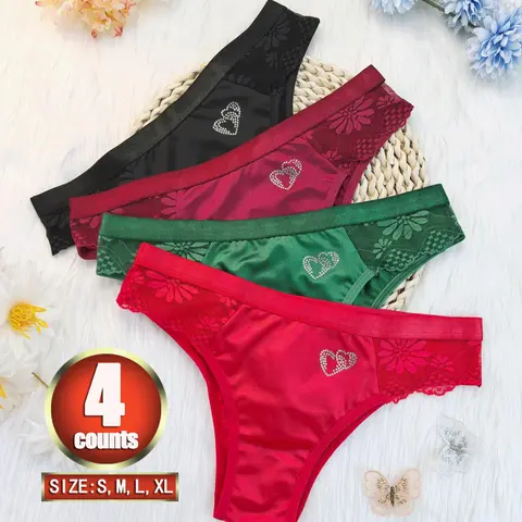 4 pieces, women's lace panties, Lace Panty Set, Heart, Lightweight fabric, sexy lingerie, Underwear, Fashion Breathable Underwear, breathable hipster shorts and stretch seamless bikini panties, 7 colors to choose from, multi-piece set
