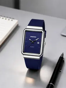 Men's Quartz Watch, Calendar Function, Stainless Steel Case, Blue Silicone Strap, Rectangle Dial, Casual Business Style, 30m Waterproof, Casual Trendy Wristwatch, Modern Casual Wristwatch, Stylish Watch, Analog Watches