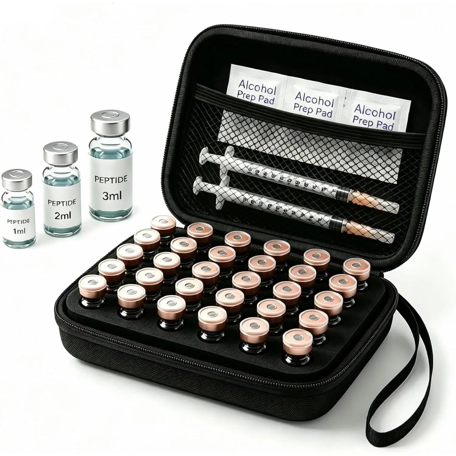 Insulin Fridge Holder Storage Case Peptide Vial Case for Fridge, 30 Slot Organizer for 1-3mL GLP-1 & Insulin Vials Hard Shell Protector Holder Insulin Cooler Travel Case with Zipper (Black)