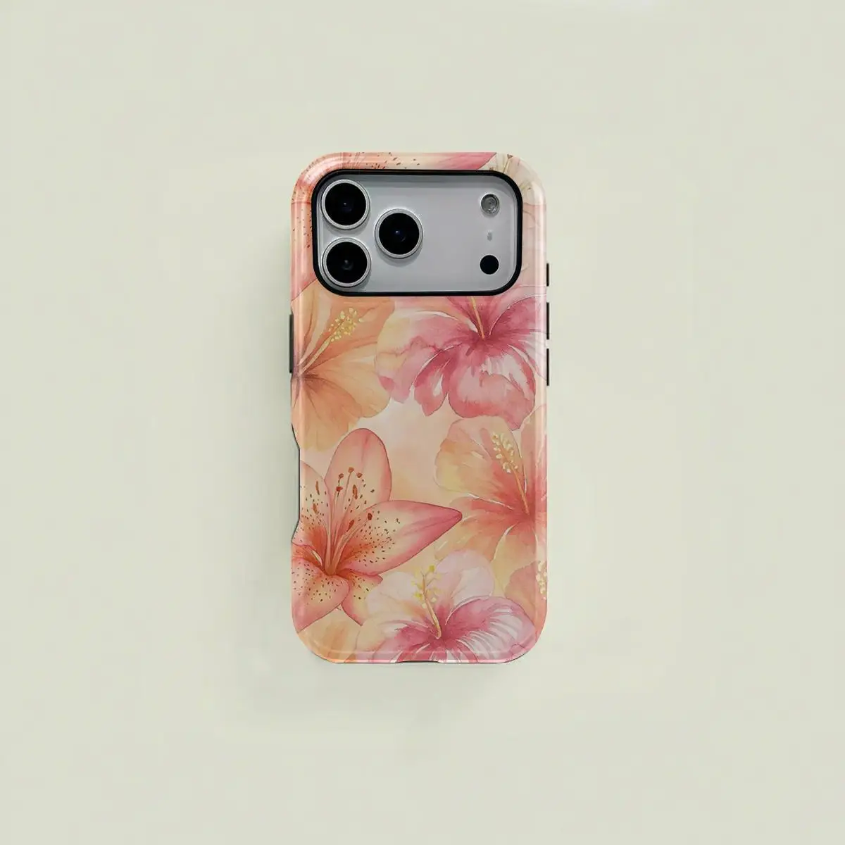 Light Orange Watercolor Hibiscus and Lily Floral Phone Case, Durable 2-in-1 Protective Cover for iPhone 17-11 and Samsung Galaxy S26-S23 Ultra