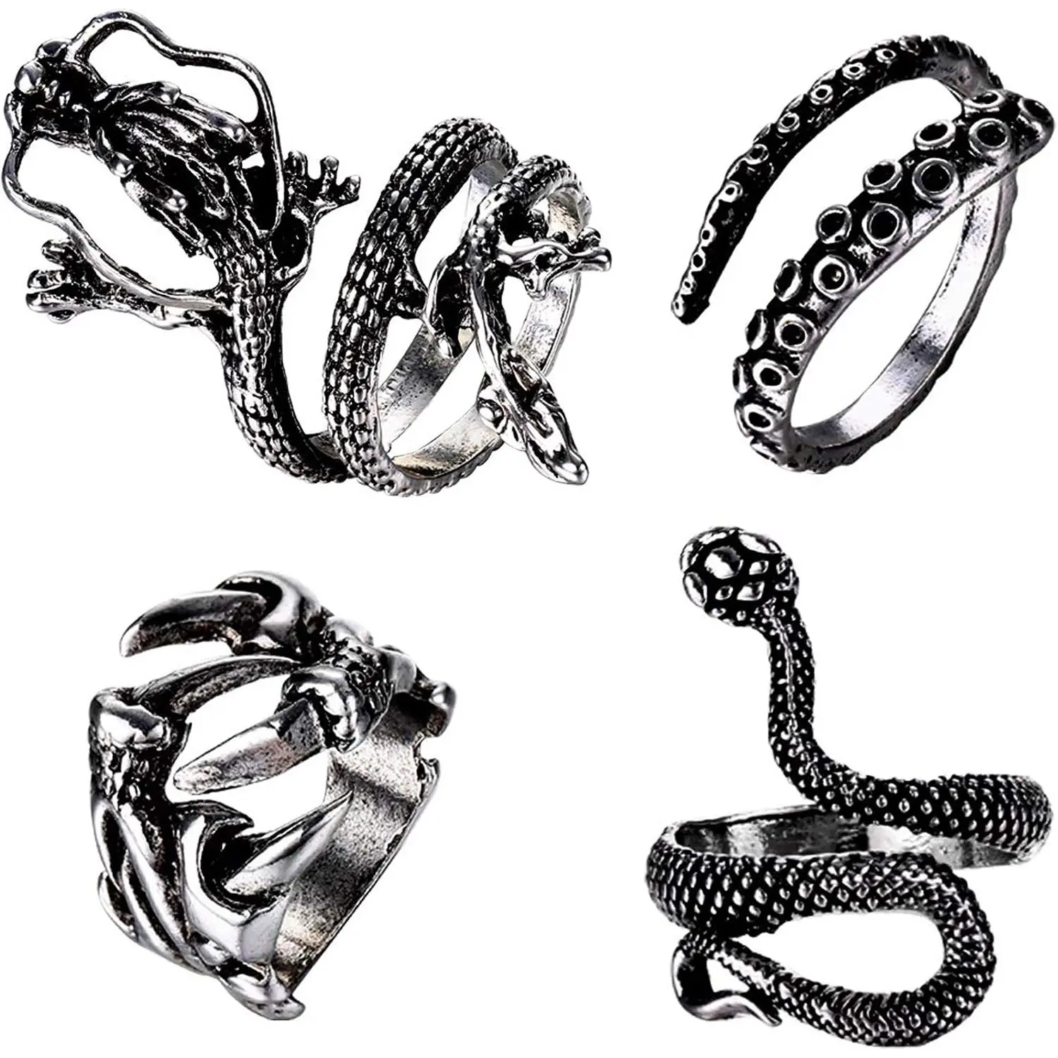 4 Pcs Vintage Gothic Punk Adjustable Open Stainless Steel Ring Set - Low Allergy Animal Motifs (Snake/Dragon, Octopus, Skull) - Biker Jewelry for Everyday Use, Cool Statement Stack Finger Rings Gift