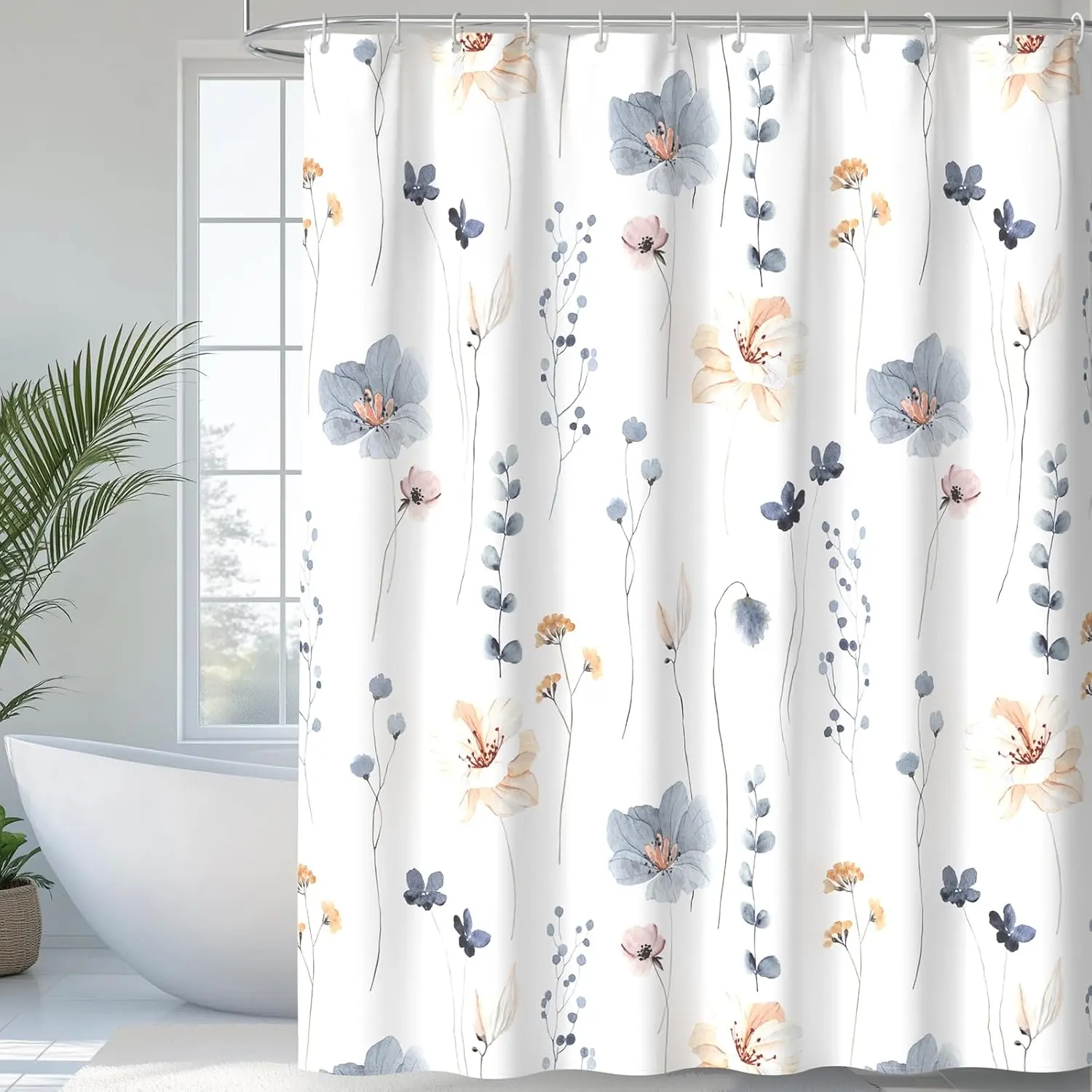 Watercolor Floral Shower Curtain, Flowers Print Minimalist Bathroom Curtain, Machine Washable Spring Modern Shower Curtains, Waterproof Fabric Shower Curtain Set with Hooks