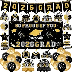 59Pcs Graduation Decorations 2026 Backdrop Balloons Banner Centerpiece Hanging Swirls Grad Class of 2026 Decorations for kindergarten K-12th College Any Grade Black Gold Themed