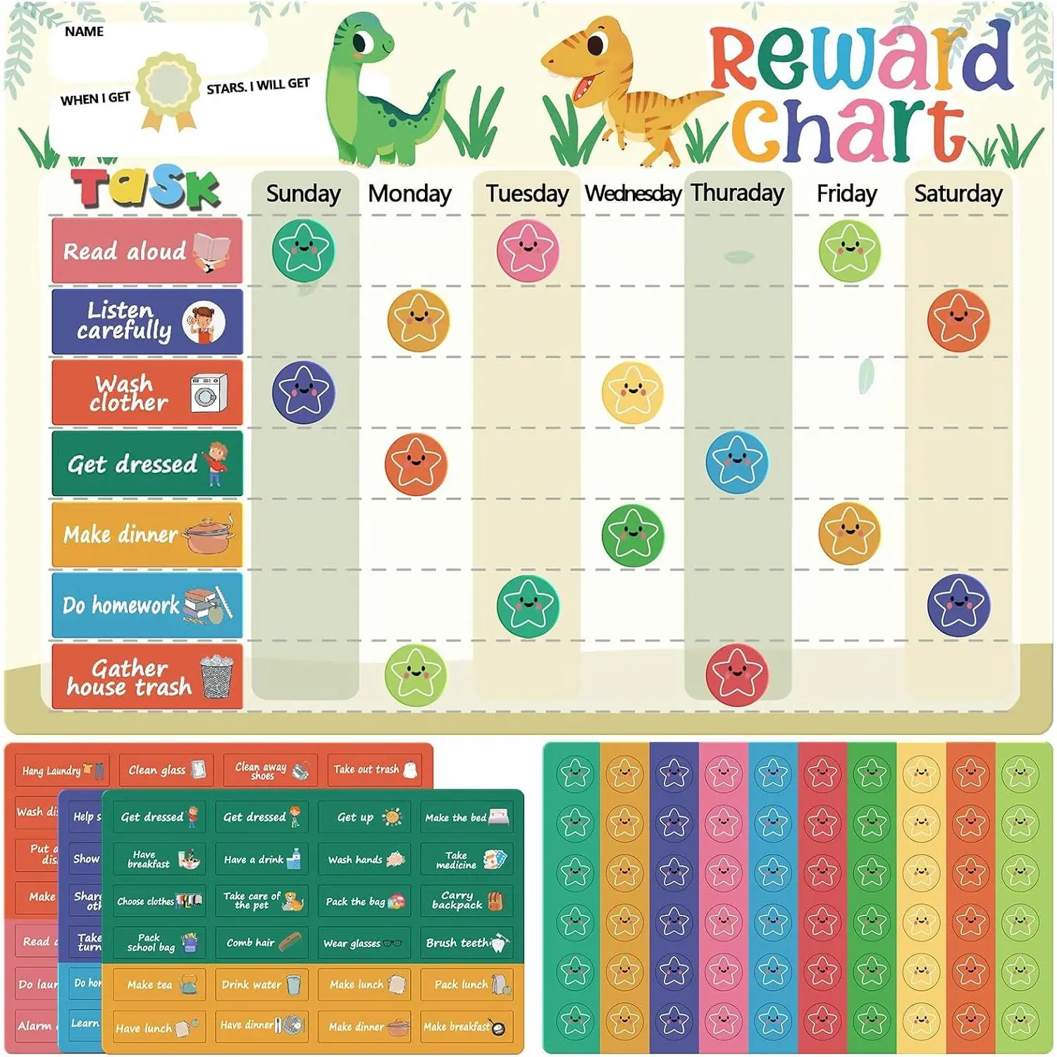 Chart with 76  Behavior Stickers and 70   Stickers, Customizable Task Sections, Dry Erase Surface, Ideal for  and  (Dinosaur)