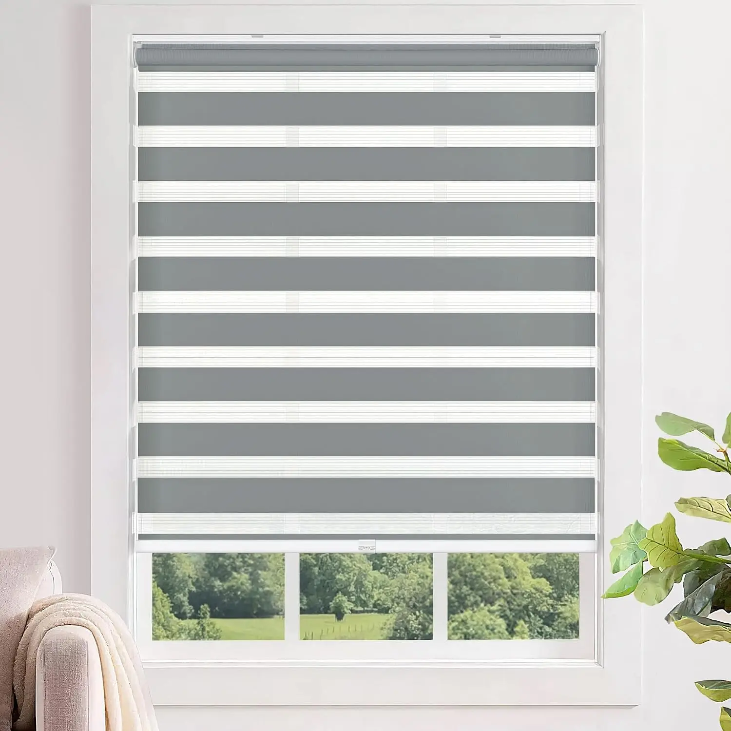 Cordless Zebra Blinds No Tools No Drill, 34x48, Grey