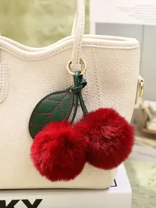 Fairycore Cherry Pom Pom Keychain, Whimsical Fluffy Faux Fur Cherry Charm, Cute Accessory for Everyday Use & Gifts