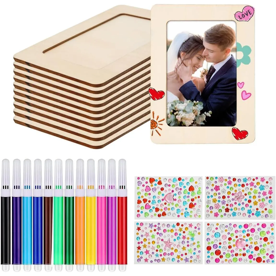 10 count Picture Frame Painting Craft Kit for 4*6 Photo,DIY Wooden Frames Kit | Unfinished Wooden Picture Frames with 12 count Painting Color Pen 4 Sheets   Stickers for DIY Craft