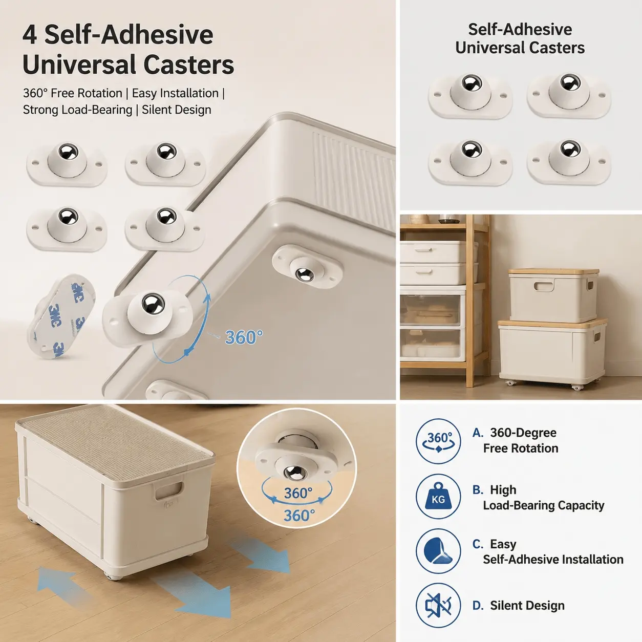 8-Pack Self-Adhesive Swivel Casters, 360-Degree Rotation Silent Furniture Wheels for Cabinets, Luggage, Storage Bins. No Drill Installation, Heavy Duty, Scratch-Resistant, Removable Glides.