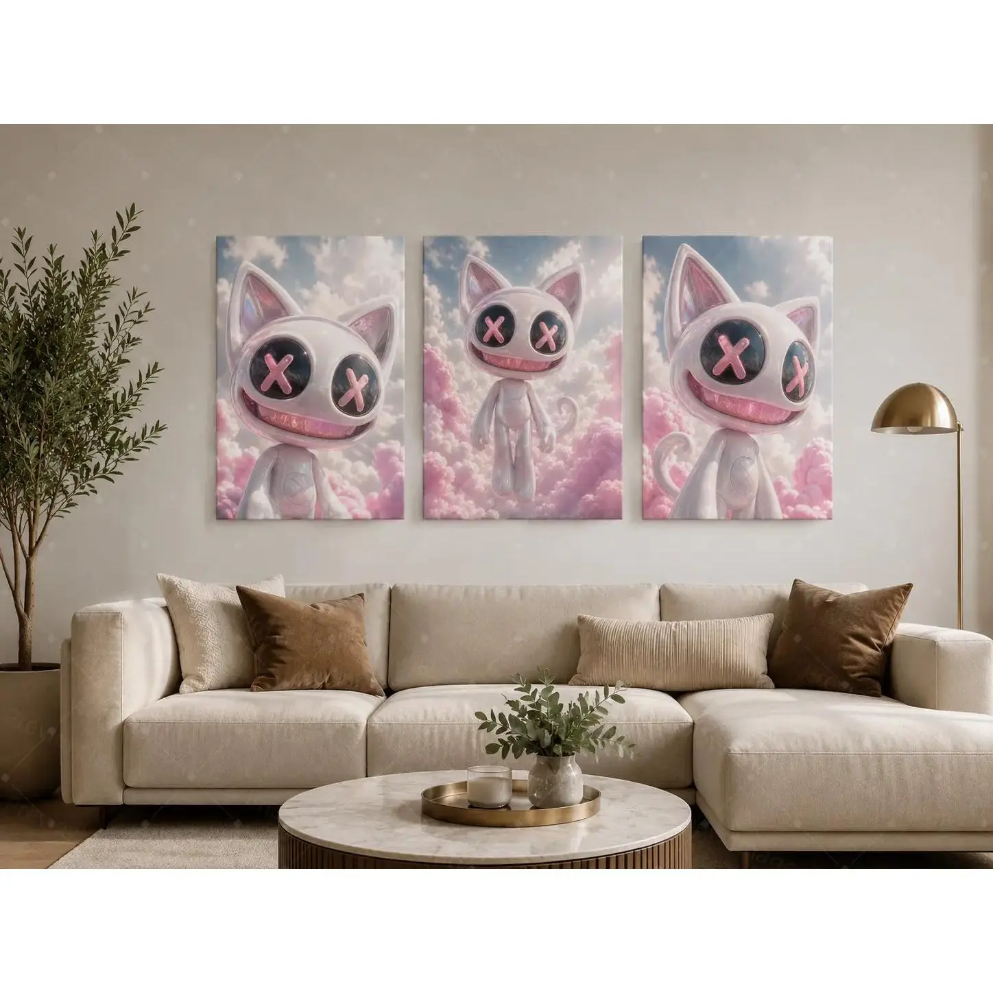 Y2K Pink Cat Triptych Canvas Poster Set, Aesthetic Cloud Wall Art, Cute Pastel Print for Teen Bedroom, Living Room, Gaming Room, Modern Aesthetic Home Decor Gift,wall decor,poster.