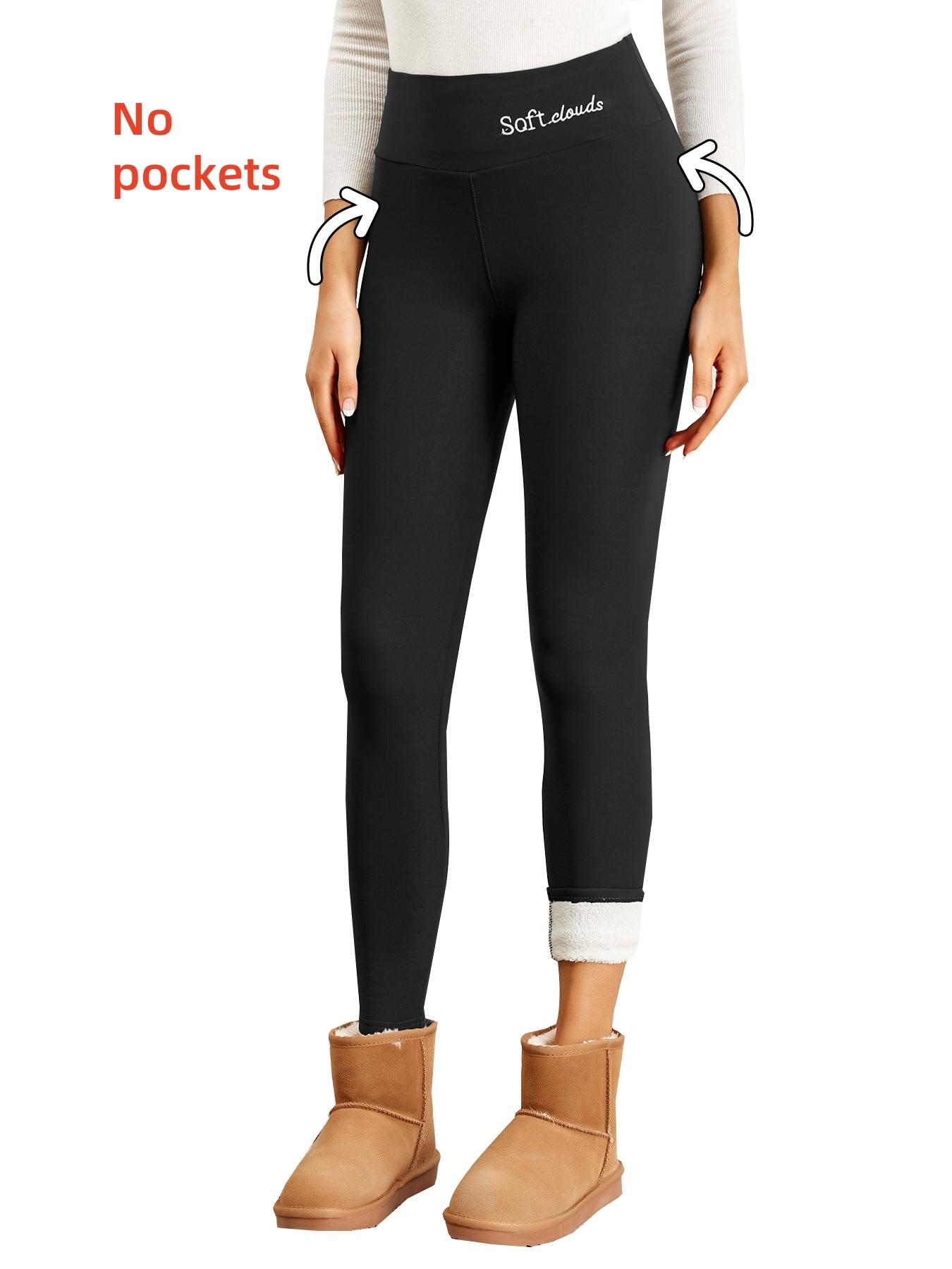 Women's Solid/Letter Embroidery Pocket Sports Leggings, Thermal Lined High Waist Skinny Pants, Ladies Warm Sportswear for Yoga Gym Workout, Yoga Training Pants