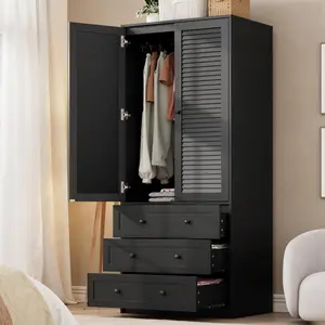 69.5" Wardrobe Armoire with 2 Doors and 3 Drawers, PB & MDF Board, Available in White, Melamine Finish Storage Cabinet,for Bedroom, Living Room, Office