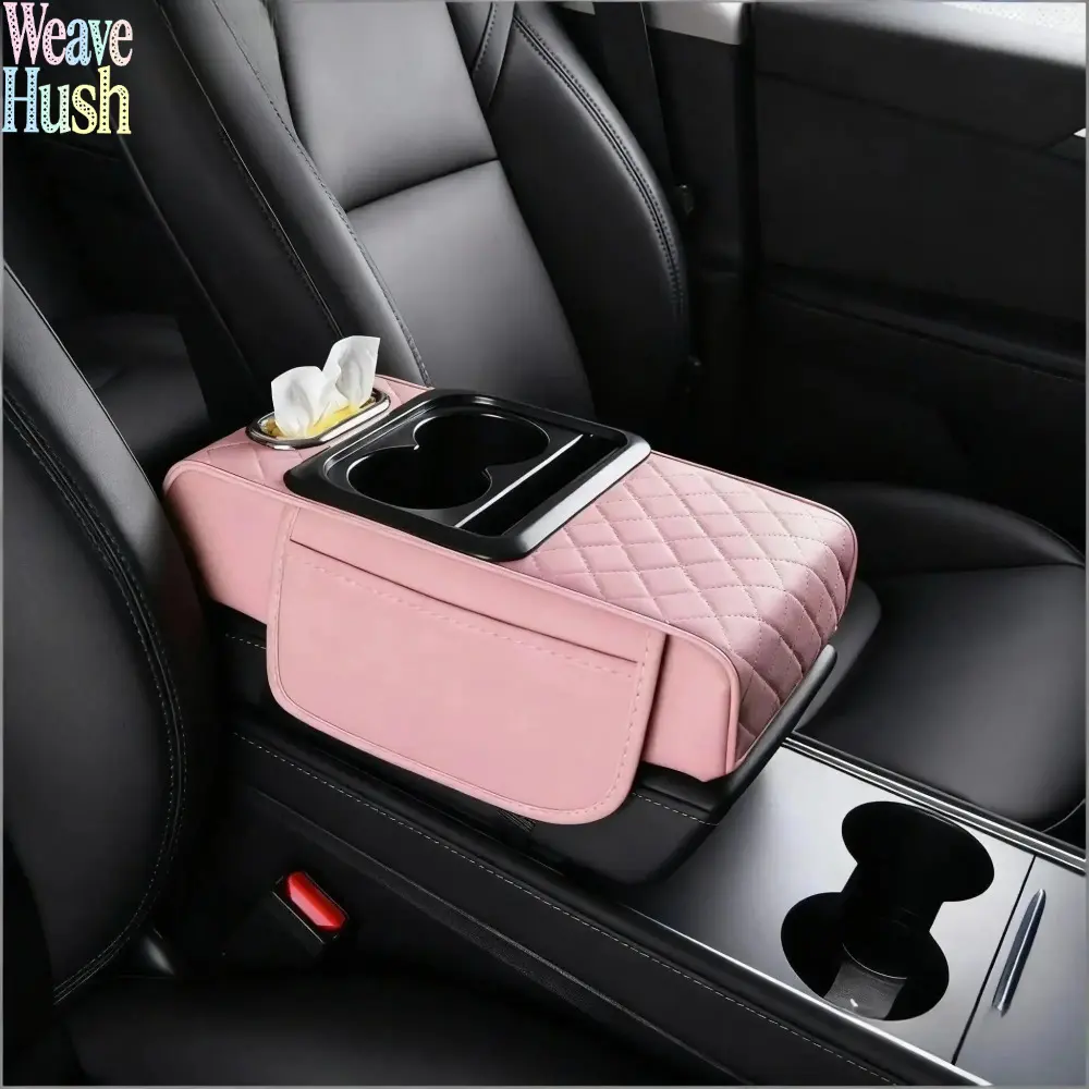 Pink Leatherette 4-In-1 Car Armrest Organizer, Vehicle Console Accessory With Memory Foam Cushion, Cup Holder, Tissue Box & Hidden Storage Compartment, Fit Cars, Trucks & SUVs For Neat Clutter-Free Interior